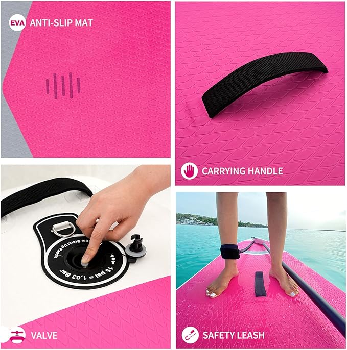 Inflatable Stand Up Paddle Board with Sup Board Accessories, Durable, Lightweight,Wide Stable Design,Wide Non-Slip Deck, Non-Slip Comfort Deck Pink Paddle Board for Women & Girls-StrideForce Fitness