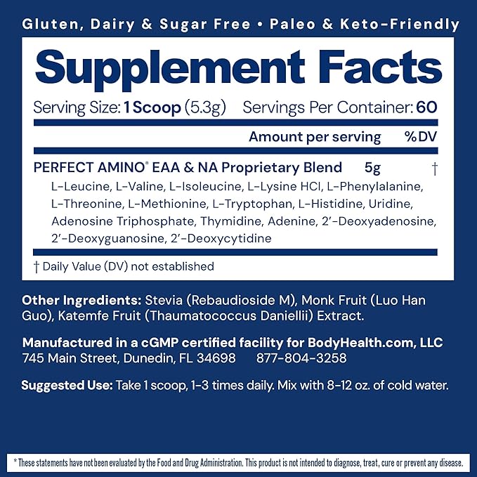 BodyHealth PerfectAmino Powder - BCAA and EAA Powder for Pre and Post Workout - Amino Acid Energy Drink for Men and Women to Support Lean Muscle and Recovery - Unflavored - 60 Servings-StrideForce Fitness