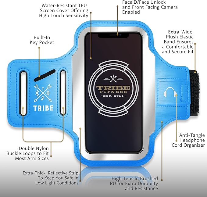 TRIBE Running Phone Holder Armband. iPhone & Galaxy Cell Phone Sports Arm Bands for Women, Men, Runners, Jogging, Walking, Exercise & Gym Workout. Fits All Smartphones. Adjustable Strap, CC/Key Pocket-StrideForce Fitness