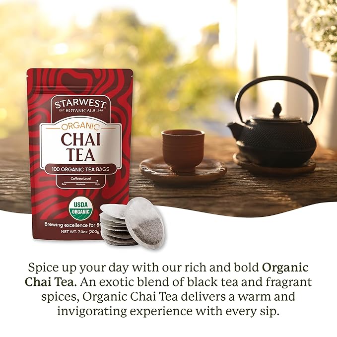 Starwest Botanicals Organic Chai Tea - Caffeinated Herbal Blend with Black Tea & Cinnamon, String Free Sachets, USDA Organic, Non GMO - Bulk Pack, 100 Tea Bags-StrideForce Fitness
