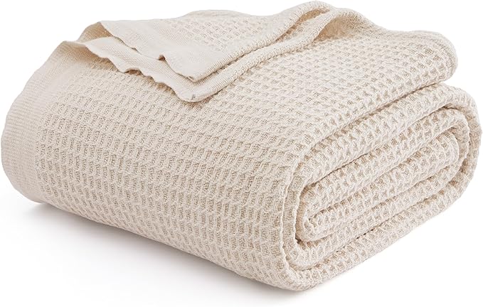 Bedsure 100% Cotton Blanket King Size for Bed - Breathable and Soft, Waffle Weave Blanket for Summer, Thick Cozy Fall Blankets for Women Gift, Khaki (a Little Bit Yellow), 104x90 inches-StrideForce Fitness