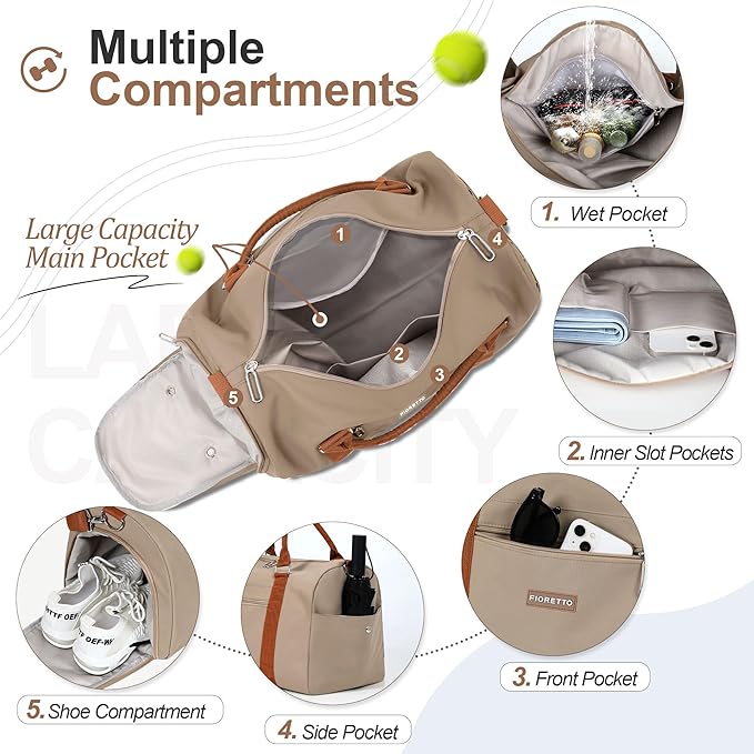 FIORETTO Womens Gym Tote Duffle Weekender Bag with Wet Pocket & Shoe Compartment, Ideal for Travel, Swimming, Dance, Khaki-StrideForce Fitness