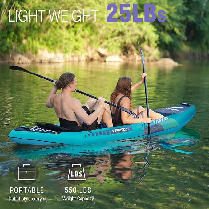UPWELL 11'/14'6”Inflatable Kayak with Drop Stitch Floor and Accessories Including Kayak Seat with Thickened Cushion, Paddle, Fin, Repair Kits, Carry Bag and Hand Pump-StrideForce Fitness