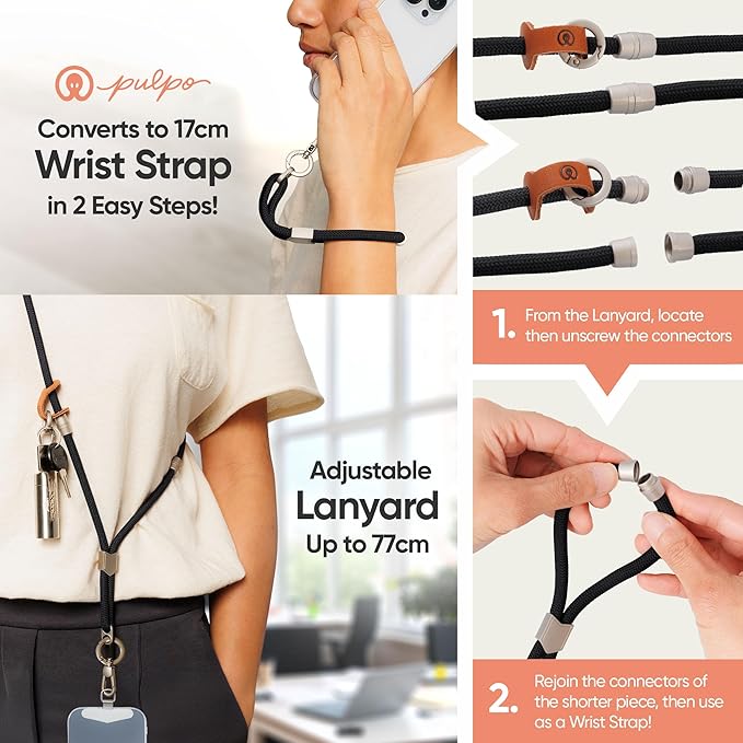 Pulpo 2-in-1 Cell Phone Wrist Strap and Lanyard Black - Anti Theft Phone Lanyard for Men & Women, Wrist Straps for Phones, Lanyards for Smartphones, Adjustable Cellphone Leash & Safety Strap Tether-StrideForce Fitness