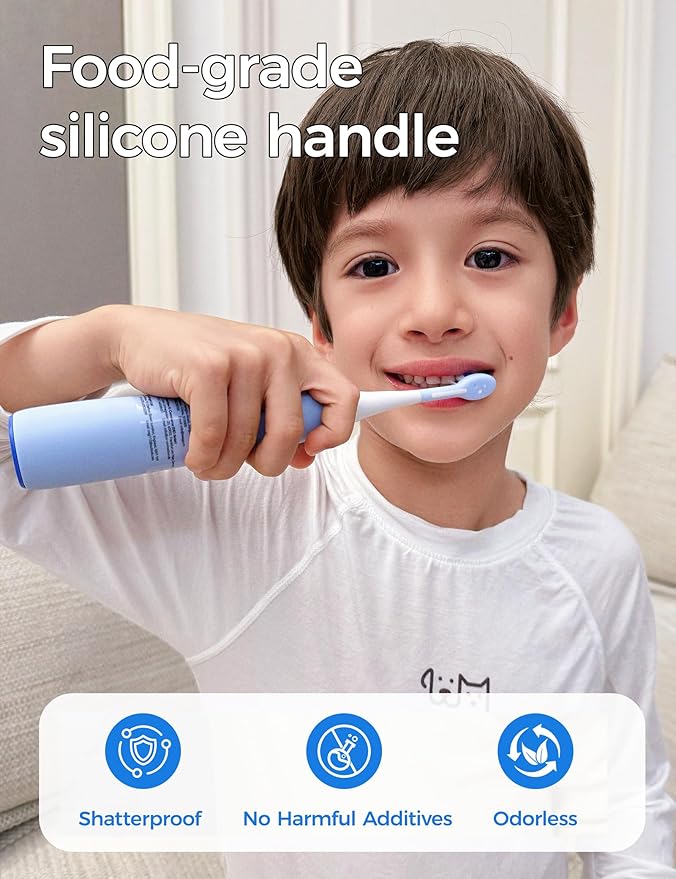 SEAGO Kids Electric Toothbrushes for Ages 5-8 with 2 Sizes Soft Brush Heads, Soft Silicone Handle, 2-Min Timer, IPX7 Waterproof, 35000VPM, Rechargeable 70 Day Battery Life with Charging Base (Blue)