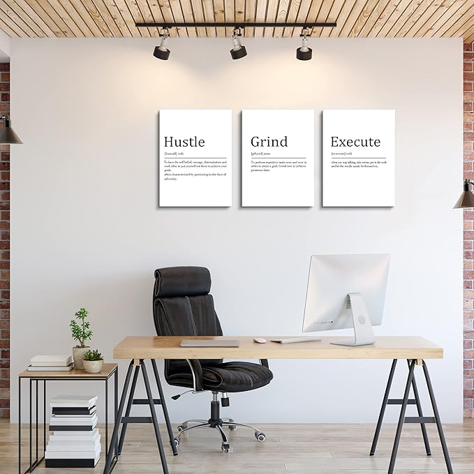 Hustle Grind Execute, Inspirational Wall Decor Art - Framed Canvas Office Decor, Quote Poster, Office Wall Art, White Large Poster, Positive Motivational Wall Art, 12x16inchx3pcs-StrideForce Fitness