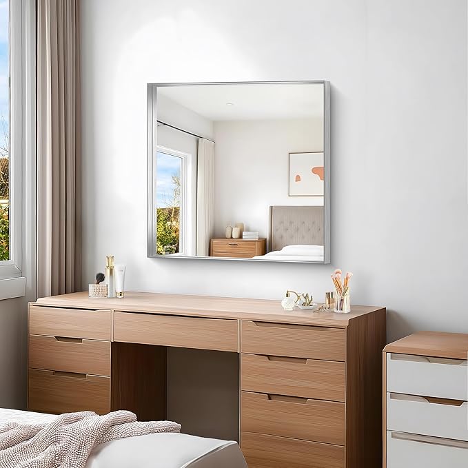 Silver Bathroom Mirror, 30x30 Inch Rectangular Framed Mirror, Large Wall Mounted Bathroom Vanity Mirror Over Sink for Bedroom,Restroom, Living Room, Hangs Vertically or Horizontally-StrideForce Fitness