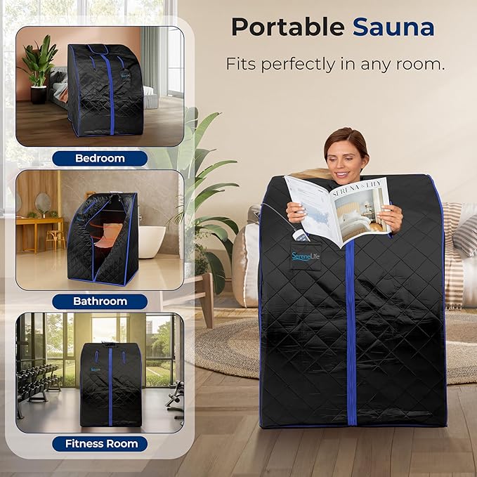 SereneLife Compact & Portable Infrared Steam Sauna, Personal Spa Style Sauna for at-Home Relaxation and Rejuvenation, Easy Access Sit-in Design, Foldable Chair, Energy Efficient, Foot Pad Heating Mat-StrideForce Fitness
