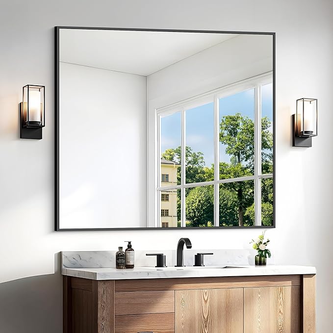 Bathroom Mirror,36x40 inch Wall Mirror for Bathroom Wall Mounted Black Rectangle Square Corner Mirrors, Black Bathroom Mirror for Living Room, Farmhouse, Bedroom Entryway, Horizontal/Vertical-StrideForce Fitness