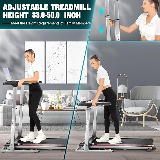 Treadmill with Desk Workstation & Adjustable Height, 300 LBS Weight Capacity, Folding Treadmill with 3 Level Incline, Bluetooth Speaker & App, Portable 2.5HP Walking Pad with Desktop for Home Office-StrideForce Fitness