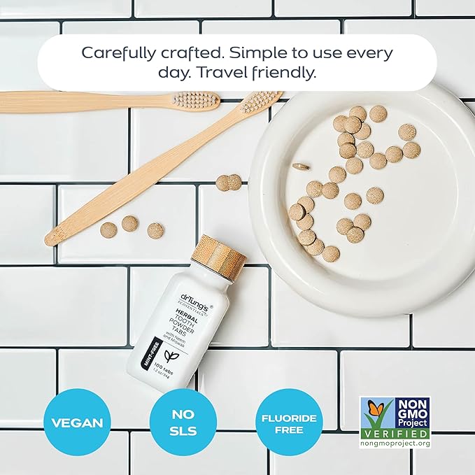 drTung's Herbal Toothpaste Tablets - Toothpaste Tabs for Dry Mouth Relief, Natural Tooth Powder Tablets for Fresh Breath, Fluoride Free, Travel Size, Vegan, Non-GMO - Mint-Free (100 Tabs), 3-Pack