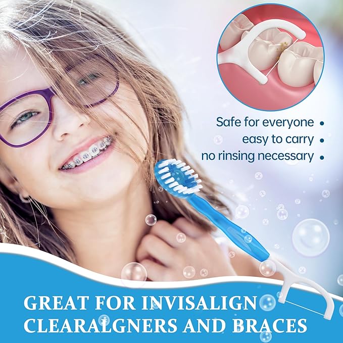 40pcs 5 in 1 Disposable Mini Toothbrush with Toothpaste + Floss + Pick + Tongue Scraper | Travel Size | Individually Wrapped | Soft | Mint | Travel Set | Oral Care (4)