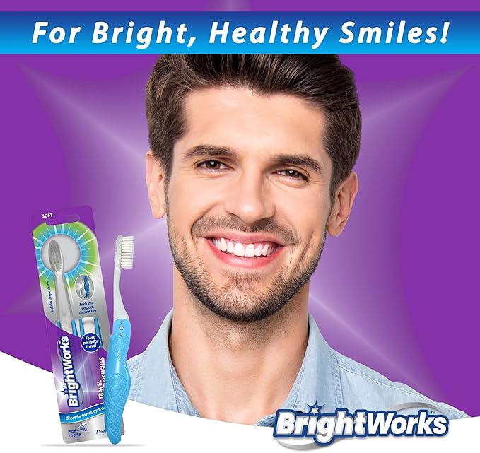 BrightWorks Folding Travel Toothbrush (6 Total, 3 Sets of 2) with Built-in Cover. Portable with Soft Bristles and Tongue Cleaner. for Camping, Hiking, Travel, Work, Gym, Purse, Backpack.