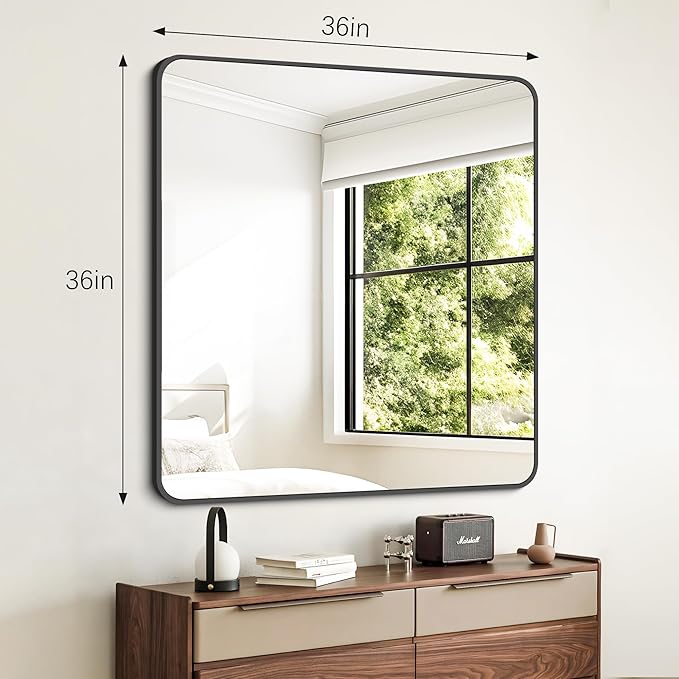 FORBATH Bathroom Mirror 36" x 36"，Large Square Wall Mirror with Black Aluminum Frame Rounded Corner, Wall Mounted Mirror for Bathroom Bedroom Entryway Living Room-StrideForce Fitness