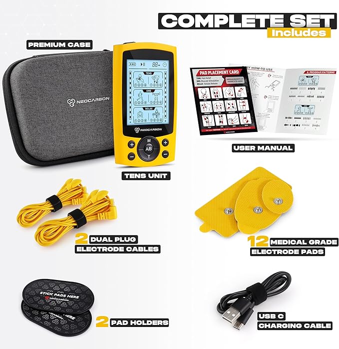 TENS Unit Muscle Stimulator, Electronic PMS Pulse Massager Machine for Shock Physical Therapy, Back Pain Relief, Shoulder Recovery, Yellow-StrideForce Fitness