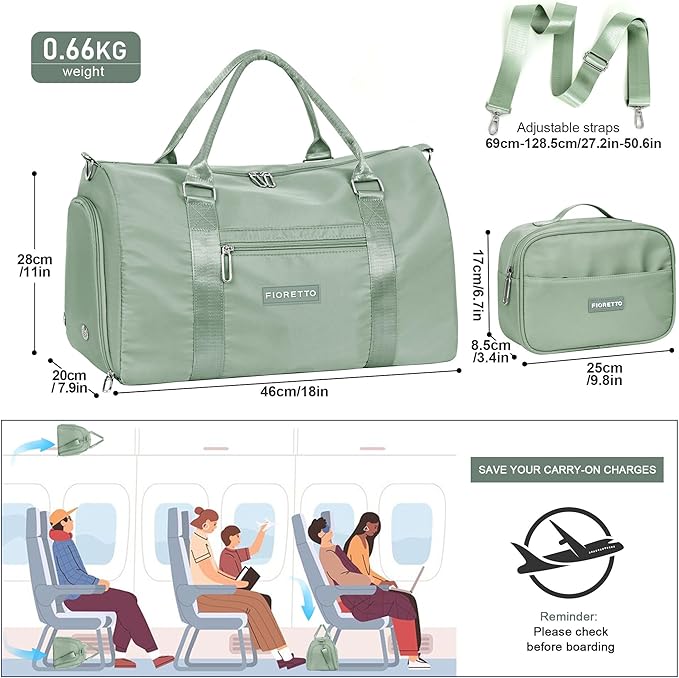 FIORETTO Womens Gym Tote Duffle Bag with Toiletry Bag, Sports Duffel Overnight Hospital Workout Carry on for Girls with Wet Pocket & Shoe Compartment, Ideal for Travel, Swimming, Celadon-StrideForce Fitness