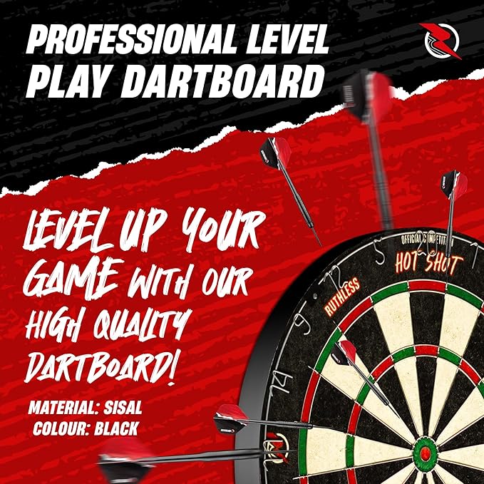 Ruthless Hot Shot Dart Board | Endurance Round Wire Sisal Dartboard Set Including 2 sets of Steel Tip Darts-StrideForce Fitness