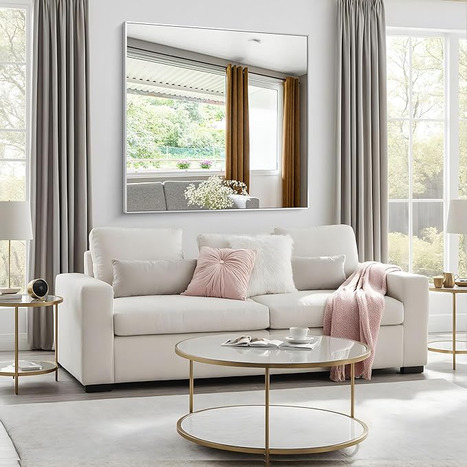 Silver Bathroom Mirror,48x48 inch Wall Mirror for Bathroom Wall Mounted,Large Rectangle Mirror for Bathroom Over Sink,Modern Metal Frame for Living Room,Bedroom Entryway,Horizontal/Vertical-StrideForce Fitness