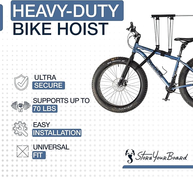 StoreYourBoard Bike Hoist, No-Slip Bicycle Ceiling Storage, Heavy-Duty Garage Pulley Lift System, Road, MTB, Fat Tire, Ebike Hanger-StrideForce Fitness