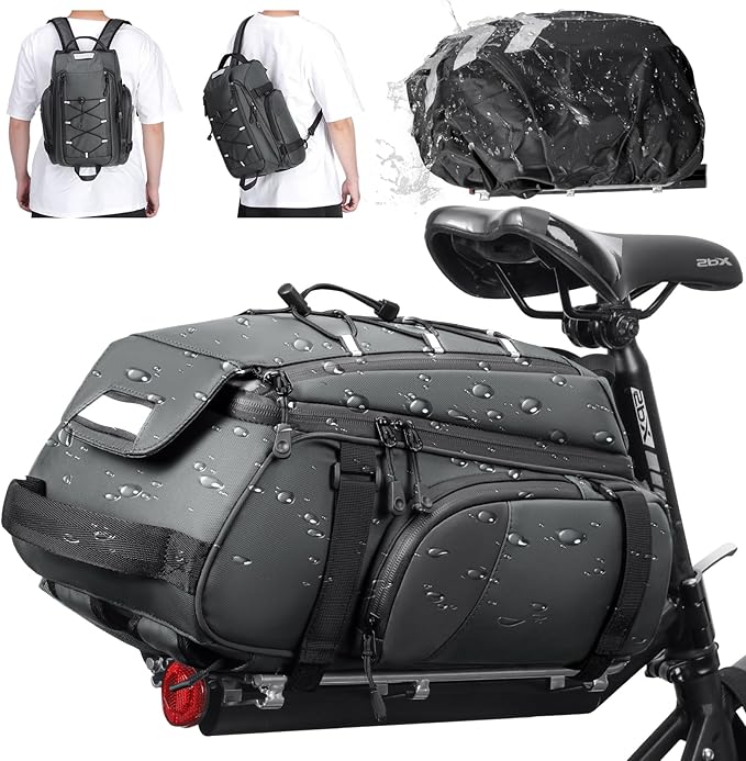 RAINSMORE Bike Bags for Bicycle Rear Rack 15L Waterproof Bike Ebike Trunk Pannier Saddle Bag with Rain Cover Bike Accessories Backpack Shoulder Bag for Commuter Travel Outdoor, Grey-StrideForce Fitness
