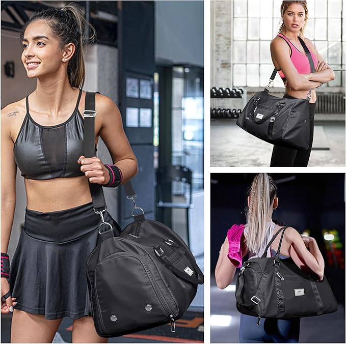 FIORETTO Womens Gym Tote Duffle Bag with Toiletry Bag, Sports Duffel Overnight Hospital Workout Carry on Bag for Girls with Wet Pocket & Shoe Compartment, Ideal for Travel, Swimming, Dance Black-StrideForce Fitness