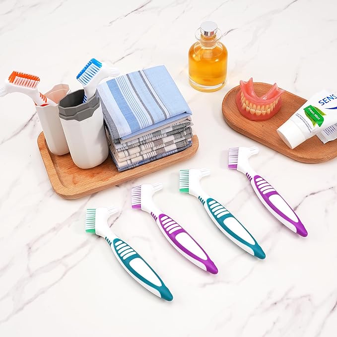 6 Pcs Denture Brush Set for False Teeth with White Carrying Case, Denture Toothbrushes with Double Sided Design, Dental Brush with Multi-Layered Soft Bristles and Rubber Anti-Slip Handle, 4 Colors