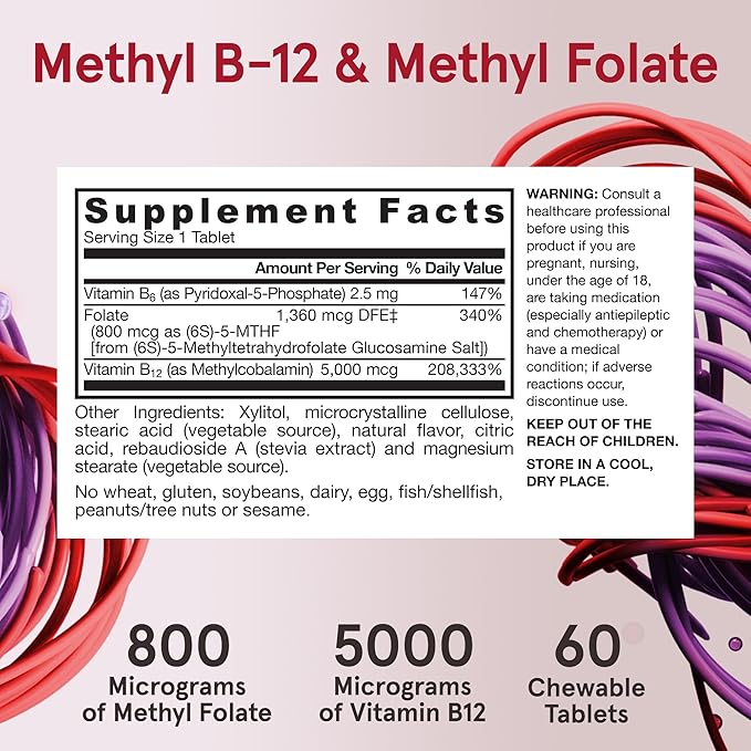 Jarrow Formulas Ultra Strength Methyl B-12 5000 mcg & Methyl Folate 800 mcg + P-5-P, Supplement for Cellular Energy Metabolism and Cardiovascular Support, 60 Chewable Tablets, 60 Day Supply, 12 Packs-StrideForce Fitness