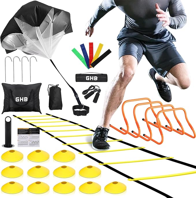 GHB Agility Ladder,Football Training Equipment Set,4 Agility Hurdles, 20 feet12 Rungs Speed Ladder,12 Disc Cones,Resistance Parachute, Jump Rope, 5 Resistance Bands-StrideForce Fitness