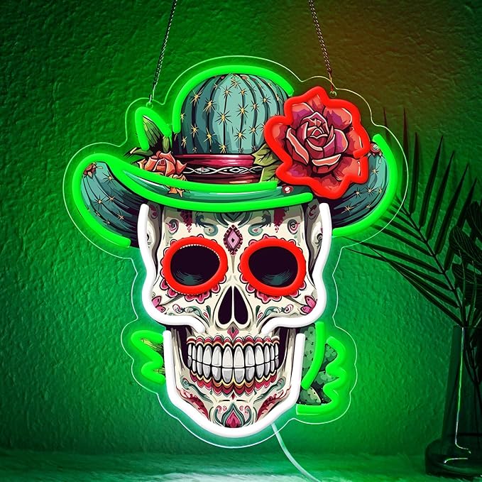 Day of the Dead Neon Sign - Mexican Sugar Skull LED Neon Light for Home & Bar Decor,UV Printed Art with Flexible LED Strip,Halloween & Día de Muertos Party Decoration（green)-StrideForce Fitness
