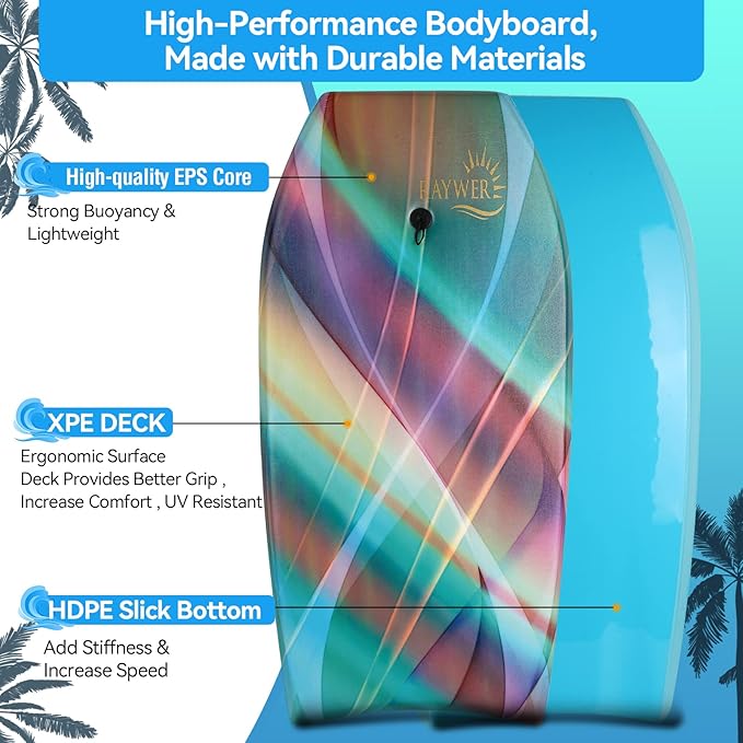 Body Board Lightweight with EPS Core, HDPE Slick Bottom, Leash & Adjustable Wrist Rope, Great Surfing for Kids and Adults-StrideForce Fitness