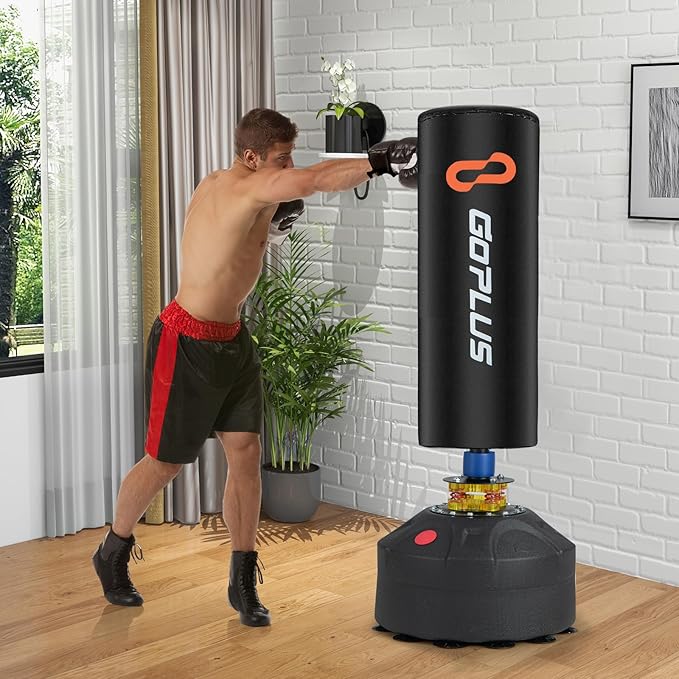 Goplus Freestanding Punching Bag, 220LBS Heavy Boxing Bag with Gloves, Shock Absorber, 12 Suction Cup Base, Kickboxing Bag with Stand for Adults Youth Men Women Home Gym-StrideForce Fitness