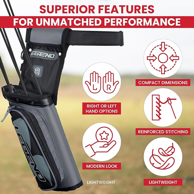 Legend XT420 Field Quiver - Left or Right-Handed Quiver Arrow Holder, Archery Quiver with 3 Arrow Tube, Durable Nylon Hip Quivers with Multiple Pockets for Archery Accessories, Score Card & Tools-StrideForce Fitness