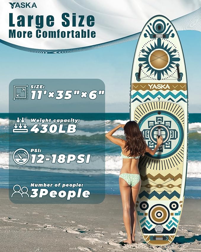 YASKA Inflatable Stand Up Paddle Board - 11ft Extra Wide Paddleboard with Premium SUP Board Accessories,Camera Mount,Non-Slip EVA Deck,5 Handles,Youth/Adult-StrideForce Fitness