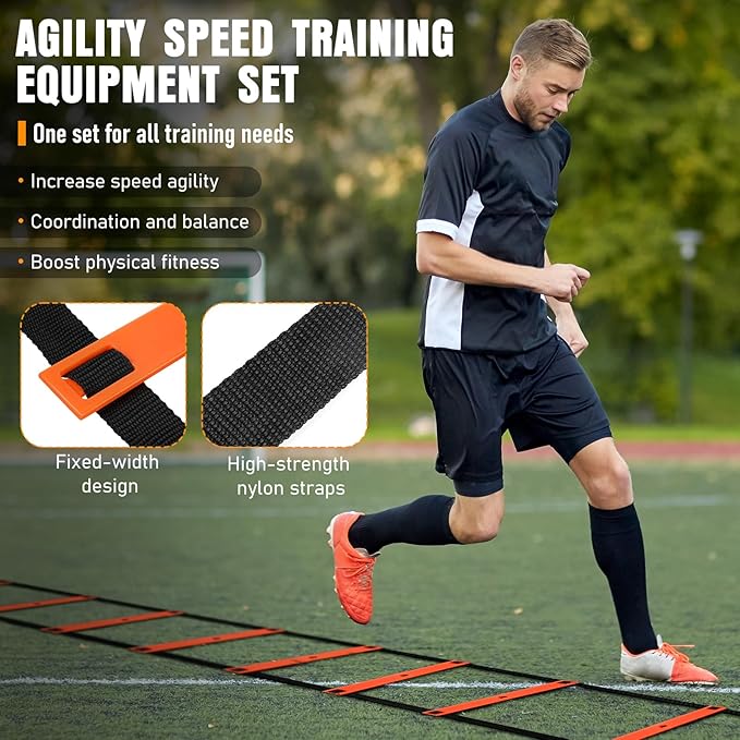 Agility Ladder, Speed Training Equipment Set, 20ft Agility Ladder, 12 Soccer Cones, 4 Hurdles, Jump Rope, Running Parachute, Basketball Football Soccer Training Equipment for Kids, Youth, Adults-StrideForce Fitness