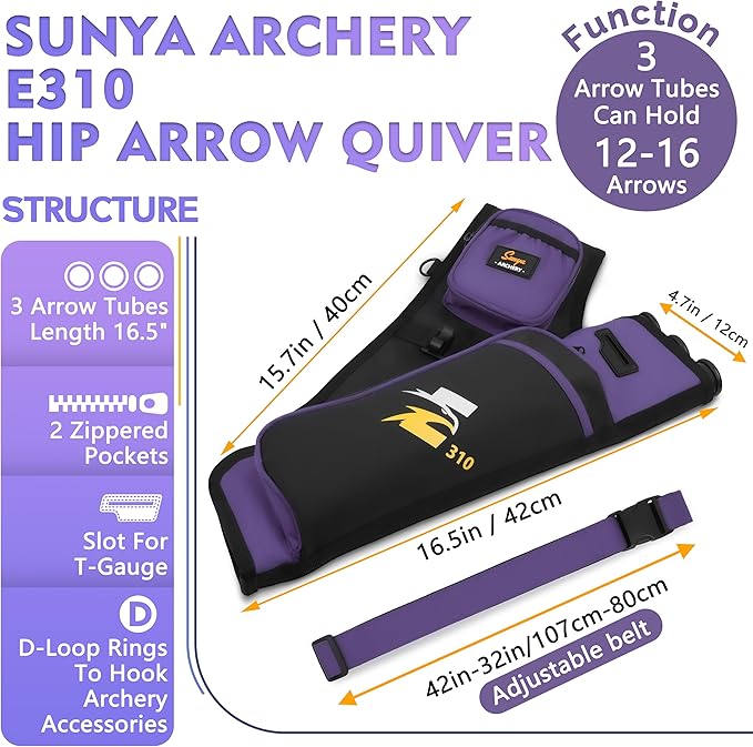 SUNYA Archery Hip Quiver for Arrows. Includes 3 Tubes Arrow Holder, Accessories Pockets and Waist Belt. Fit for Compound and Recurve Bow Practice.-StrideForce Fitness