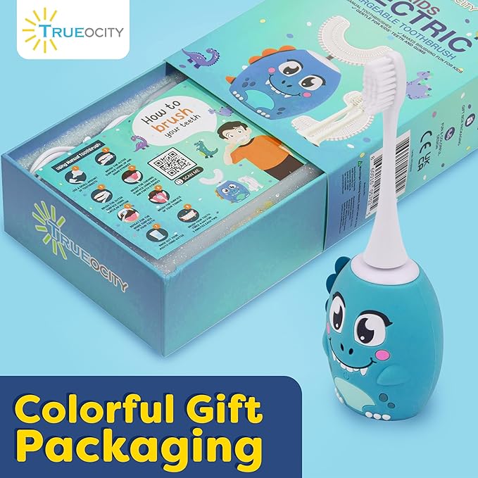 Trueocity Kids U Shape Toothbrush Auto Electric Toddler Rechargeable Kids Automatic Toothbrush | 360° U-Shaped Silicone Brush Head | Gentle Cleaning for Ages 2–7| Dinosaur Design (Blue)