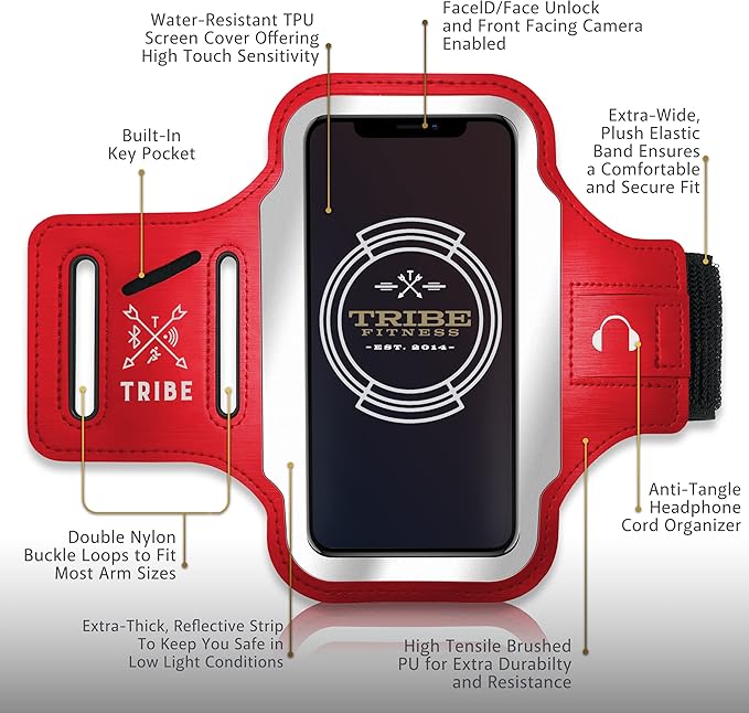 TRIBE Running Phone Holder Armband. iPhone & Galaxy Cell Phone Sports Arm Bands for Women, Men, Runners, Jogging, Walking, Exercise & Gym Workout. Fits All Smartphones. Adjustable Strap, CC/Key Pocket-StrideForce Fitness