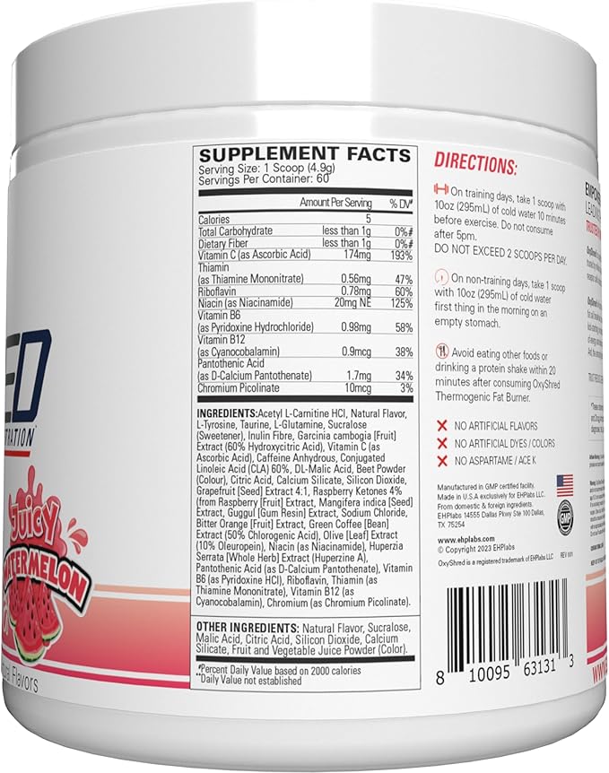 EHP Labs OxyShred Pre Workout Powder - Preworkout Powder with L Glutamine & Acetyl L Carnitine, Energy Boost Drink - Juicy Watermelon, 60 Servings-StrideForce Fitness