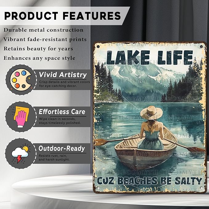 Vintage Lakehouse Tin Sign Lake Life Cuz Beaches Be Salty Retro Wall Decor Nostalgic Art Funny Metal Poster Indoor Store Cafe Toilet Kitchen Garden Plaque Bar Pubs Man cave 12 * 16inch-StrideForce Fitness