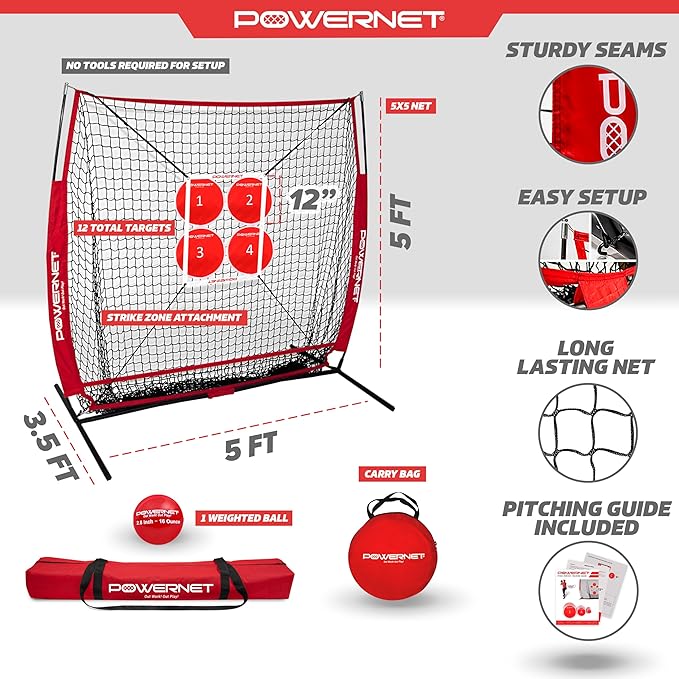 PowerNet Pitching Bundle, Baseball Net with Pitch Perfect Targets & Strike Zone Attachment, Weighted Ball, Softball Baseball Training Equipment to Increase Pitching Accuracy, 3 Net Sizes-StrideForce Fitness