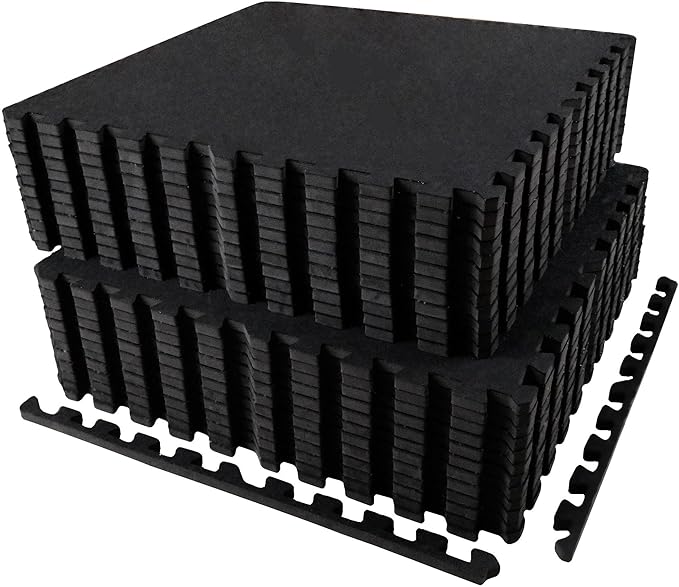 AIRHOP 0.56in Thick 96 Sq Ft Exercise Equipment Mats, 24 Tiles Upgraded Rubber Top with High Density EVA Foam, Large Interlocking Puzzle Gym Flooring for Home Gym, Heavy Weight Workout,Black-StrideForce Fitness