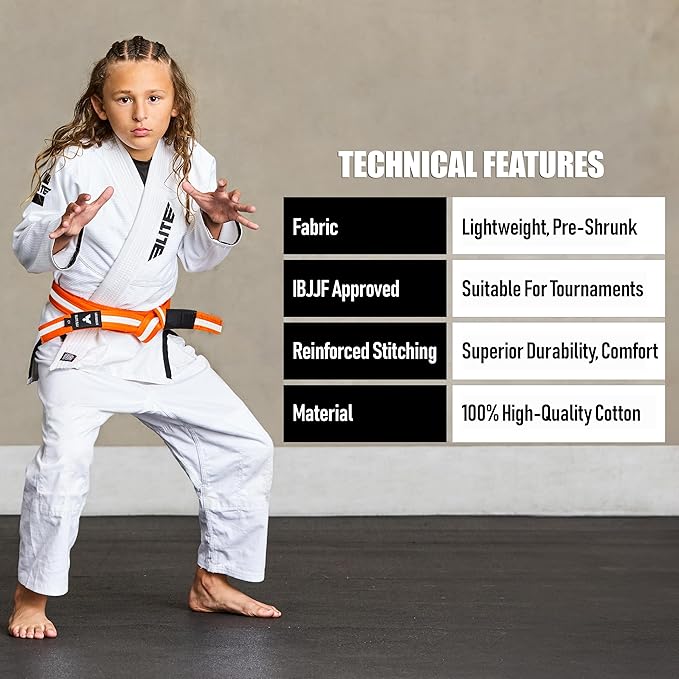 Elite Sports Kids Brazilian Jiu Jitsu Belts Preshurunk Martial Arts Youth BJJ Belts for Girls & Boys with BJJ Ranking Stripes-StrideForce Fitness
