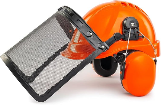 LANON Industrial Forestry Safety Helmet Protection System, ANSI Approved Chainsaw Hard Hats with Adjustable Ear Muffs & Face Shield Visor, 6 Point Adjustable Ratchet Suspension, Class C, Orange-StrideForce Fitness