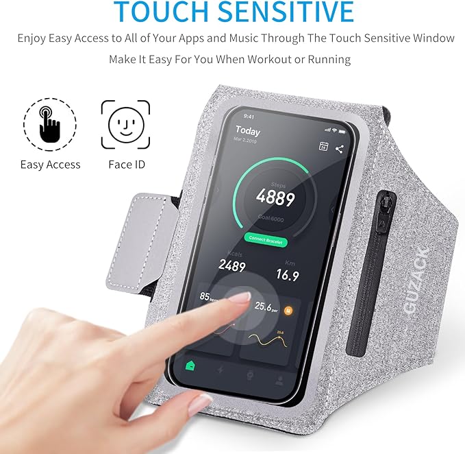 GUZACK Running Armband Case for iPhone 16/15/14/13/12/11 Pro Max, Galaxy S25/S24/S23/S22, Universal Cell Phone Arm Holder with Key Pocket & Card Slot, Gray-StrideForce Fitness