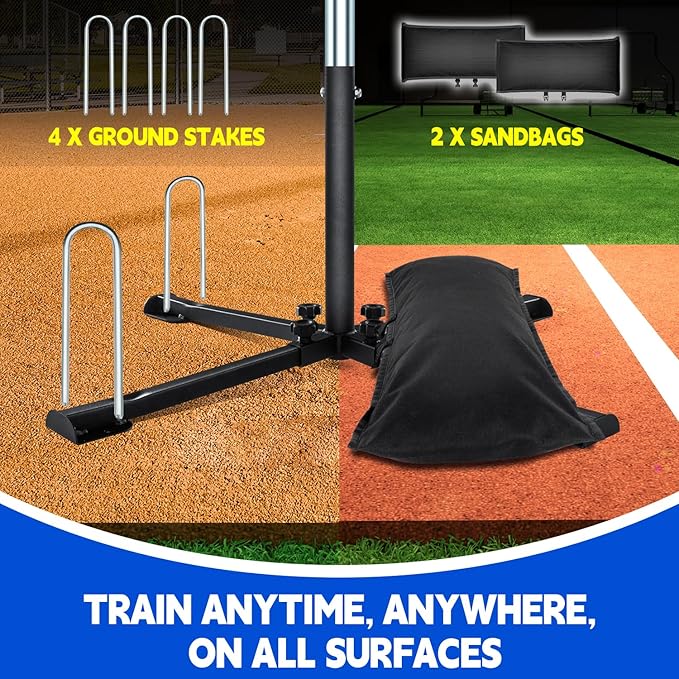 Batting Tee with Tethered Ball – Adjustable 20" to 45" Baseball & Softball Hitting Trainner – Metal X-Base with 4 Ground Stakes & 2 Sandbags for Maximum Stability – Swing Trainner for All Ages-StrideForce Fitness