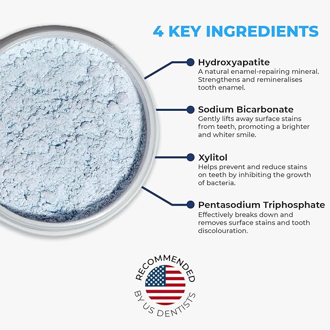 Teeth Whitening Powder - Hydroxyapatite, Remineralizing, Non-Sensitive Formula - Dentist-Approved Tooth Stain Remover & Polisher - Fluoride-Free - 6 Month Supply (40g)