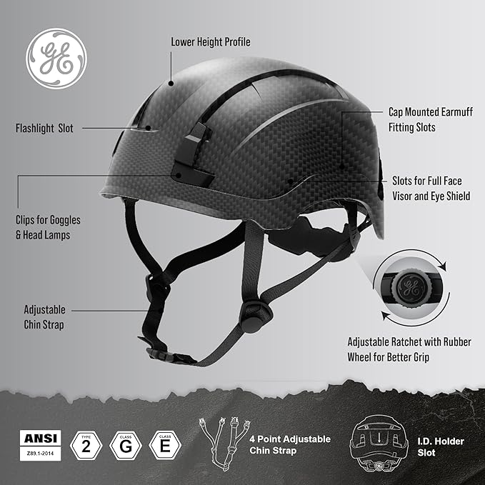 GE Safety Helmet: ANSI Type 2 Class G & E, Advanced Impact Technology, Ultra Comfortable Memory Foam, Heat Stress Reduction, Compatible with Accessories, Adjustable Size OSHA Approved-StrideForce Fitness