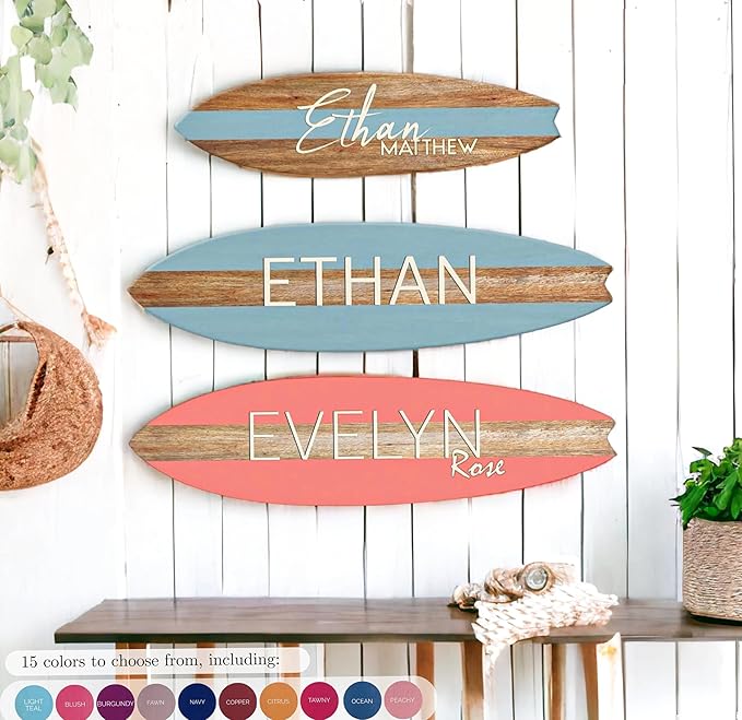 Personalized Wooden Surfboard Wall Decor – Custom Name Surfboard Sign for Nursery, Playroom, or Coastal Room – Decorative Surf Board Wall Art-2 Sizes, 12 Colors-StrideForce Fitness
