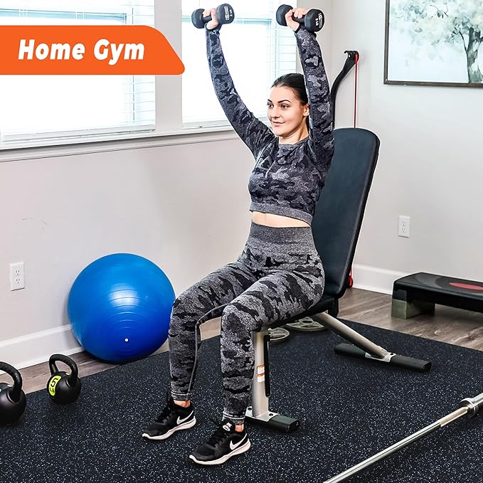 SUPERJARE 0.4'' Thick 12 Pcs 48 Sq Ft Rubber Top Exercise Equipment Mats, High Density EVA Foam Mats with Rubber Top, Interlocking Gym Flooring for Home Gym, Protective Workout Mat, Black/Blue-StrideForce Fitness