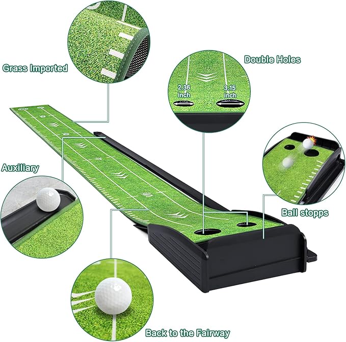 Golf Putting Green Mat with Putter and 6 Balls, Putting Practice Mat with Auto Ball Return for Home, Office, Backyard, Indoor, Outdoor Use-StrideForce Fitness